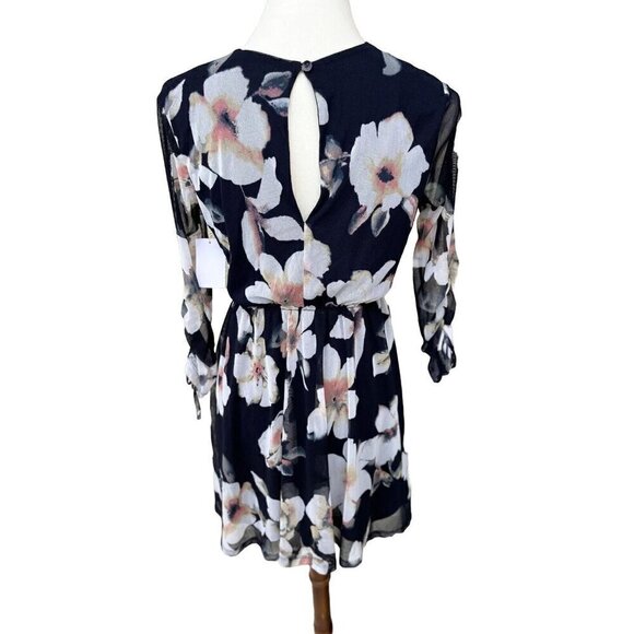 Lush Womens Navy Cream Floral Mesh Surplice Mini Dress Size S - Picture 3 of 12